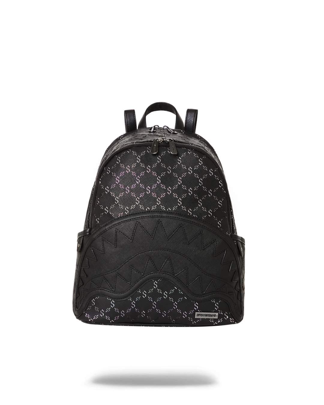 Savage Faux Leather Shoulder Bag front view, highlighting its gold zippers and metallic iridescent fabric.