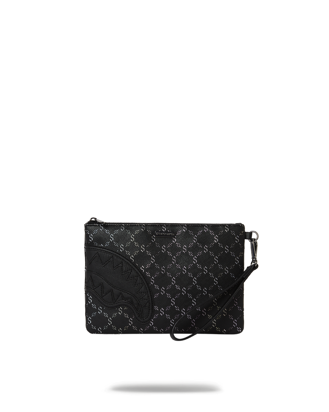 Close-up of the laser cut logo pattern on the faux leather clutch, showcasing intricate detail