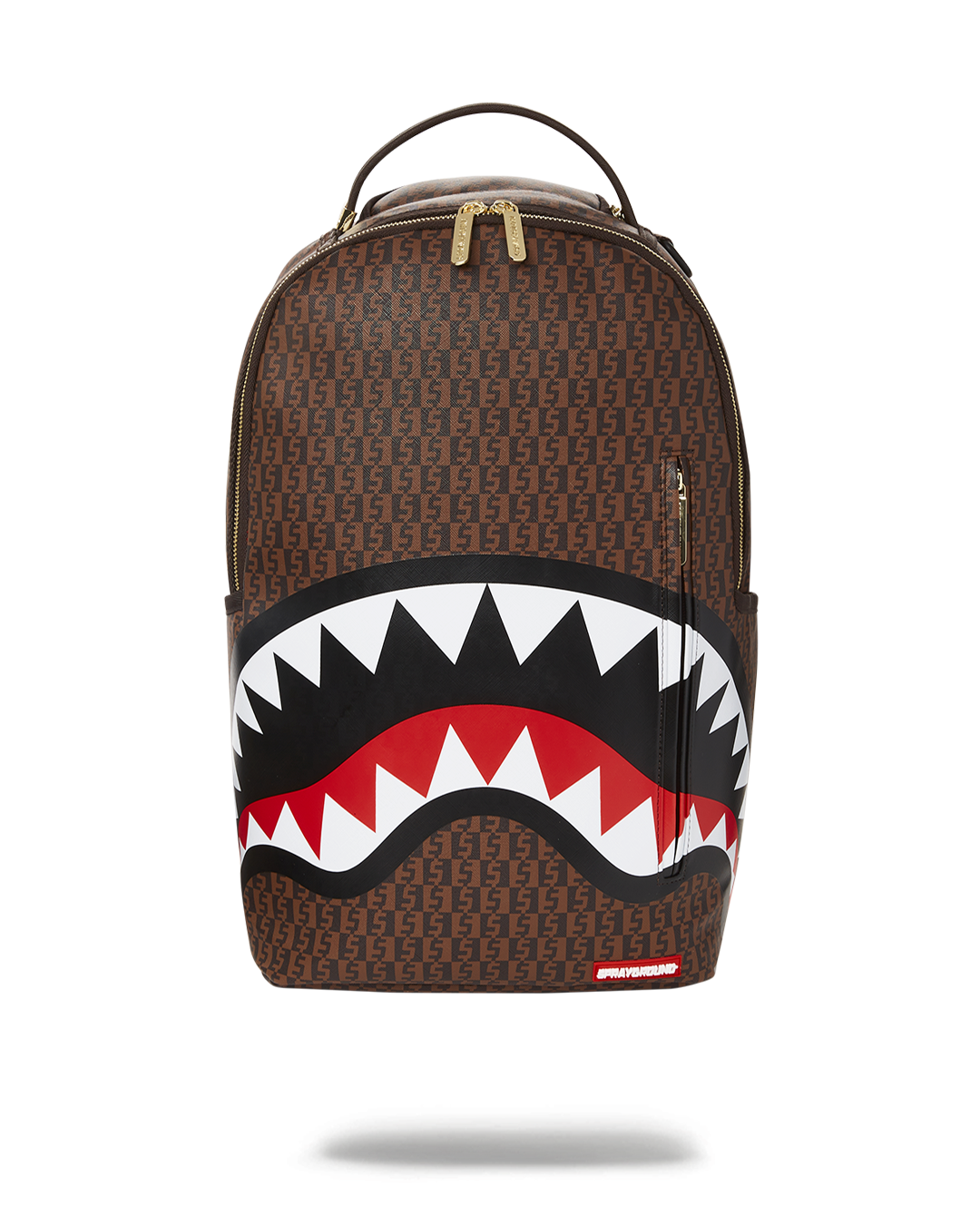 Couture Checks faux leather backpack in pink with gold zippers, perfect for urban adventures.