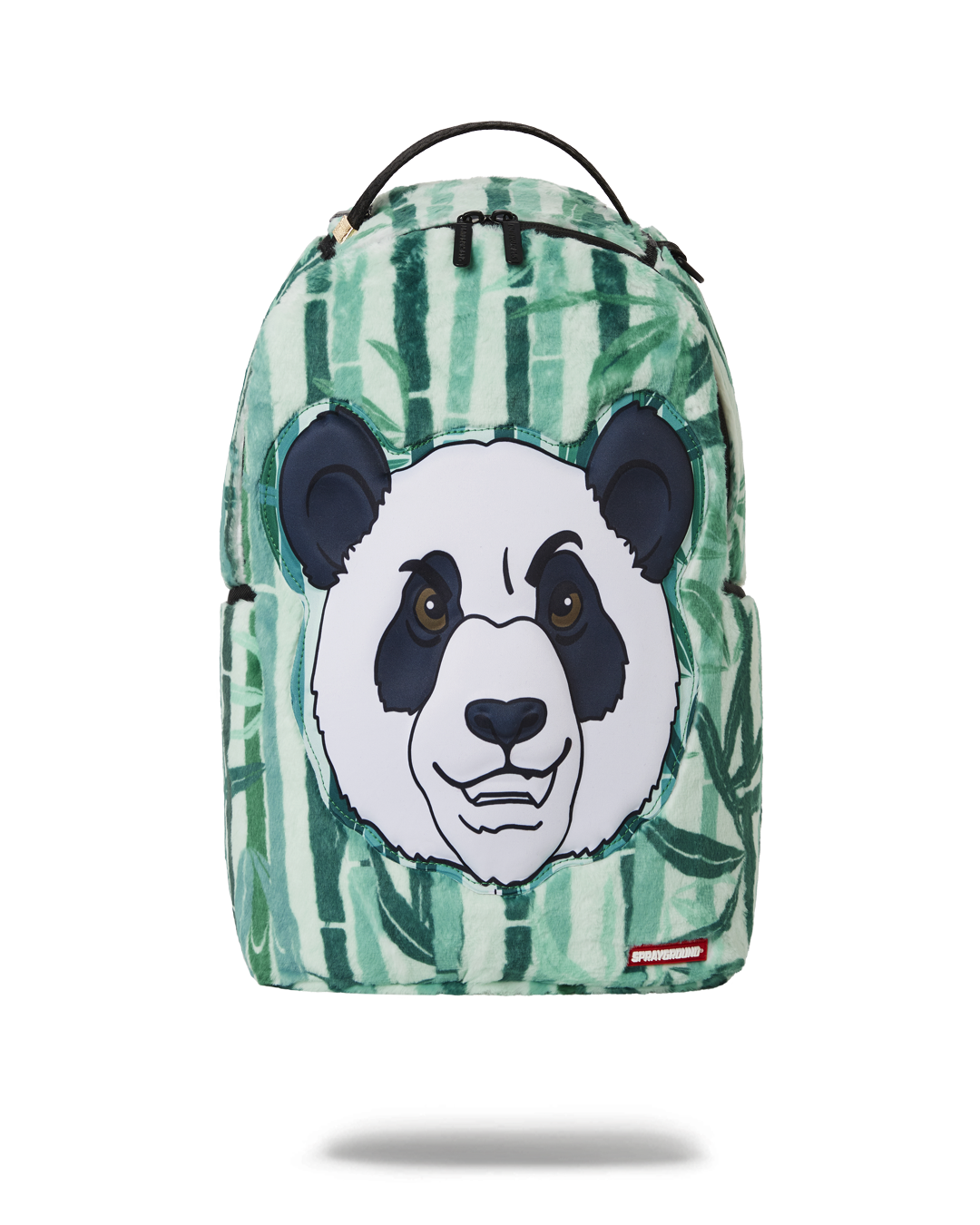 Front view of the Pando Cozy Velour Fur Backpack with character design.