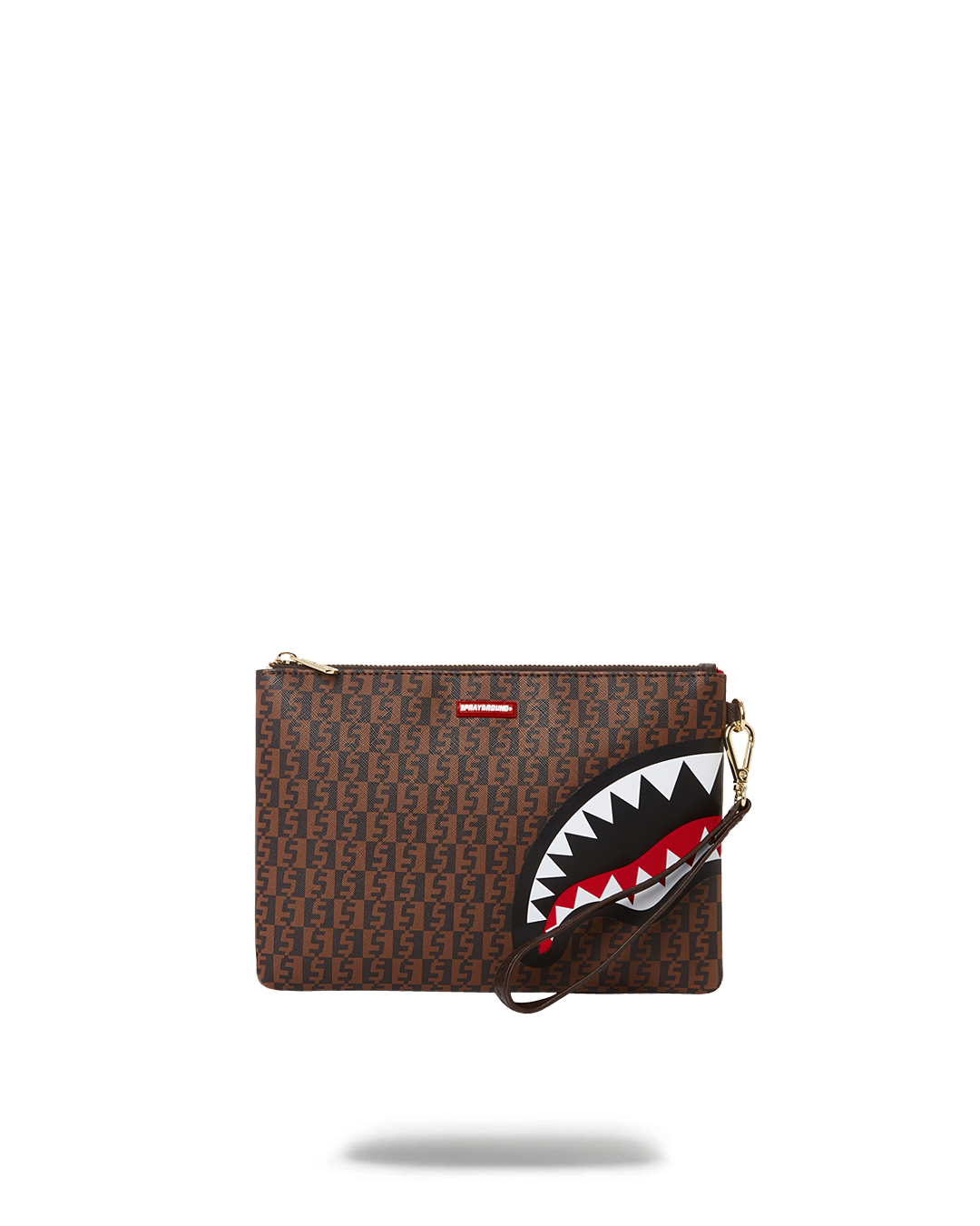 Front view of faux leather clutch bag with wristlet strap on marble surface