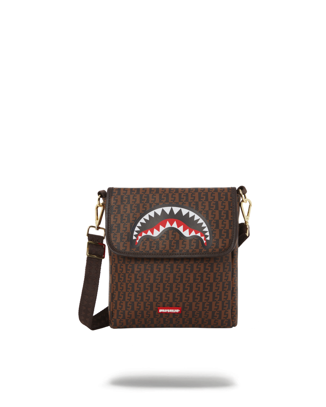 Front view of messenger bag on wood bench in San Francisco