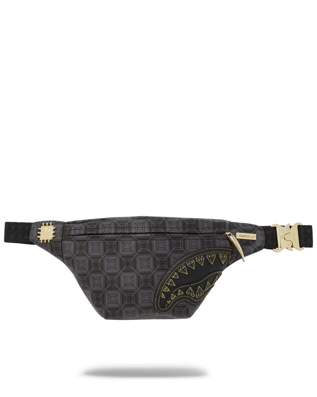 Close-up of the faux leather waist bag showing red zipper and metal buckle