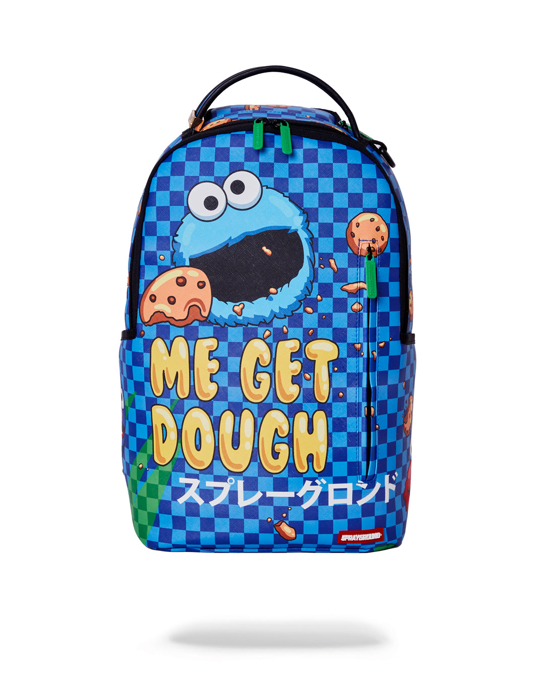 Front view of the Cookie Monster sprayground backpack with faux leather finish and gold hardware