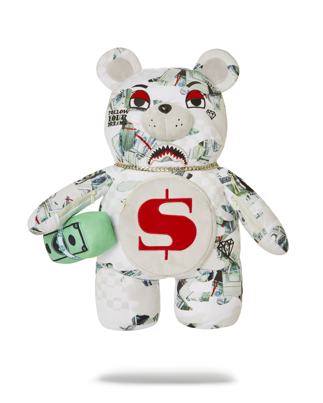 Front view of the Sprayground limited edition teddy bear backpack with gold accents.