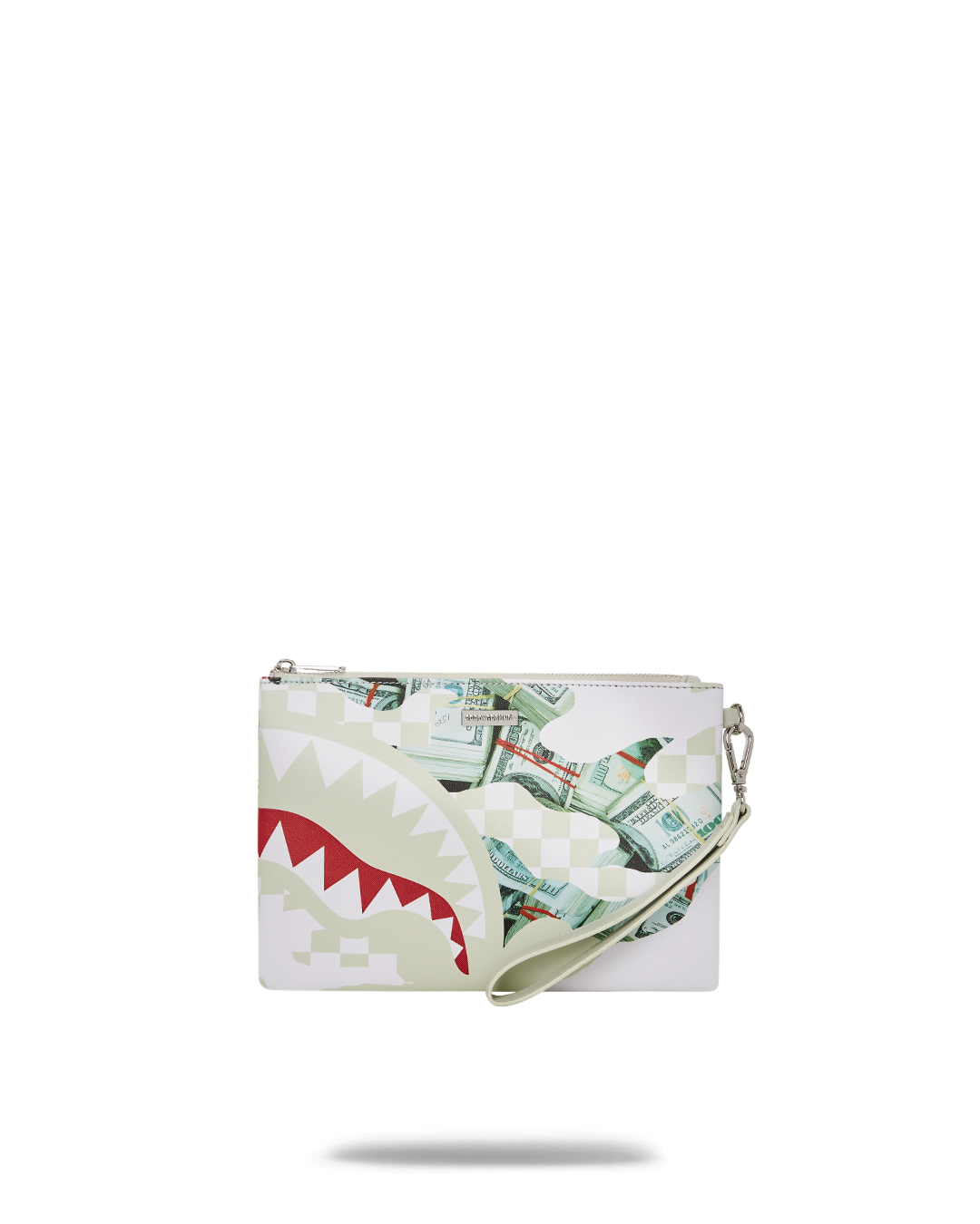 Overhead shot of faux leather crossbody clutch bag with wristlet strap and zip closure