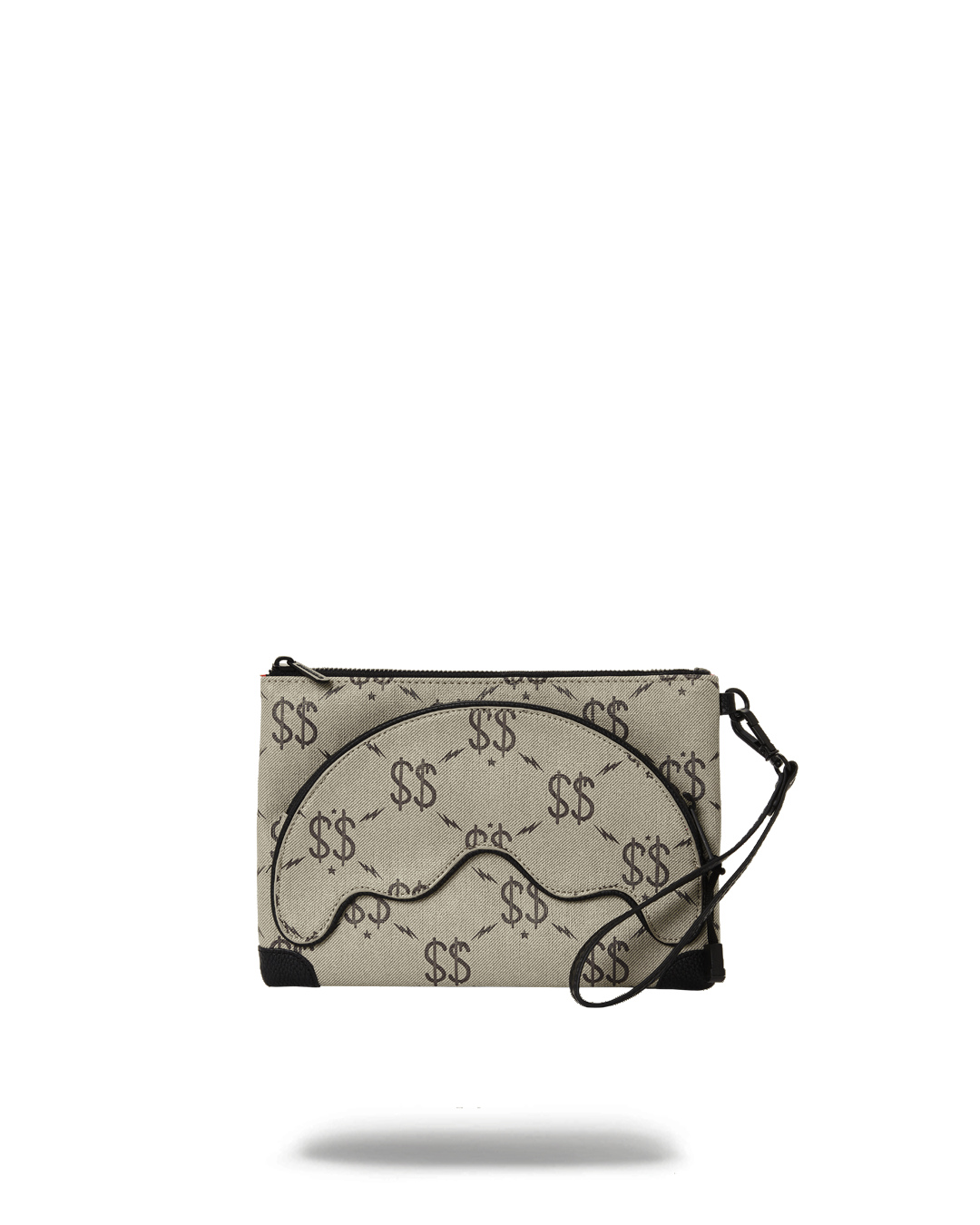 Close-up of the faux leather clutch bag's zip closure and handle