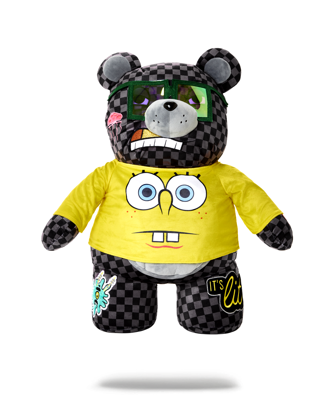 Front view of SpongeBob teddy bear backpack showing gold chain detail and belly pocket.