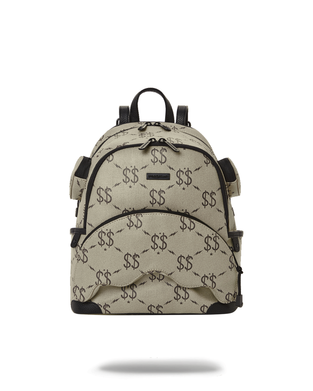 Front view of faux leather travel bag with gold zippers.