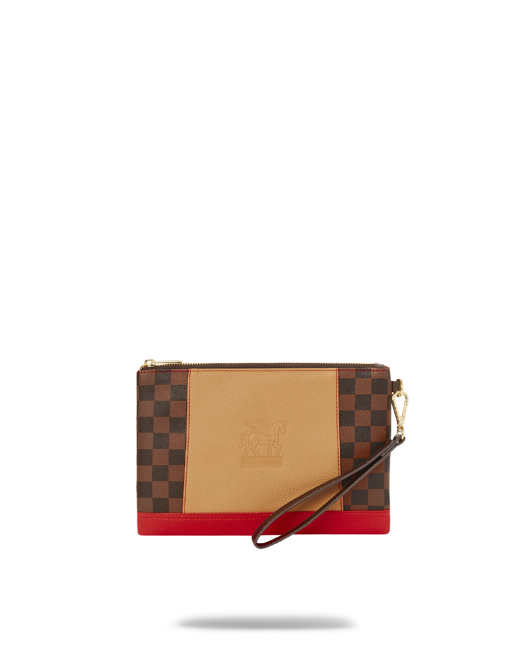 Front angle of convertible clutch showing wristlet strap and faux leather handle
