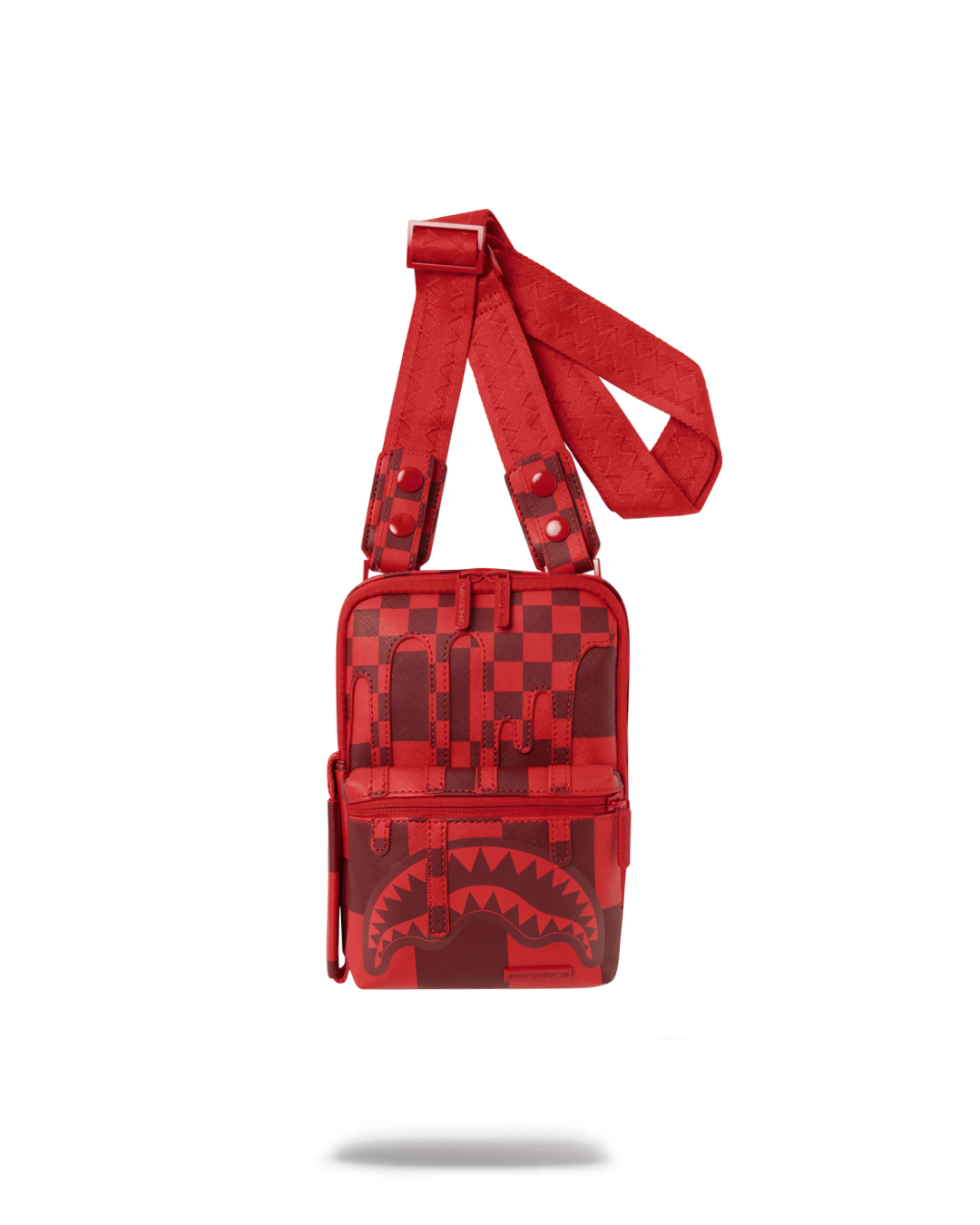 Black faux leather sling bag shown from front with zipper details