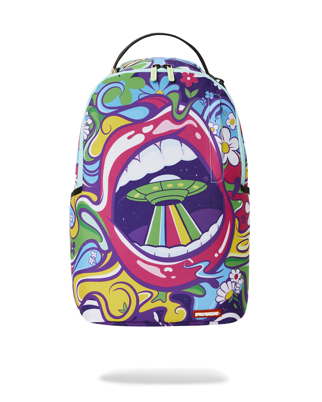 Front view of the stylish backpack showing zippered pockets and gold hardware