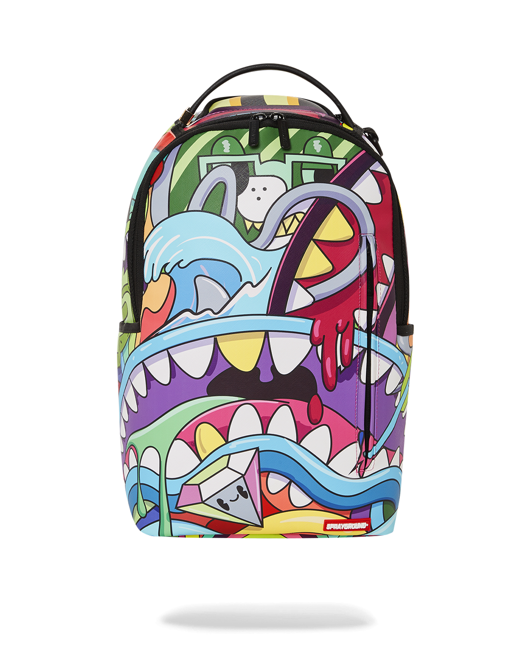 Faux leather backpack showing front zipper pocket and side pockets.