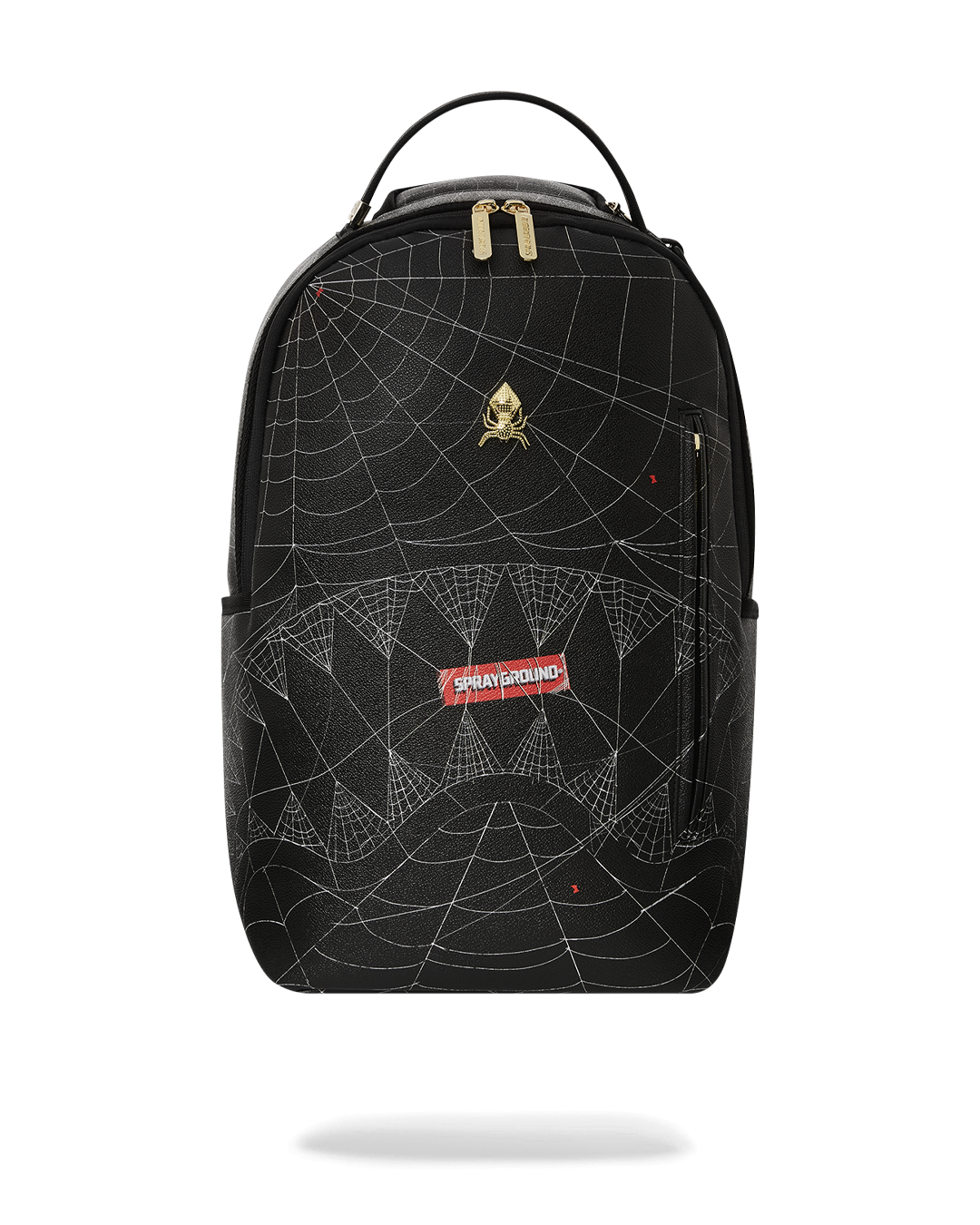 Front view of DLXV faux leather backpack showing gold zippers and side pockets