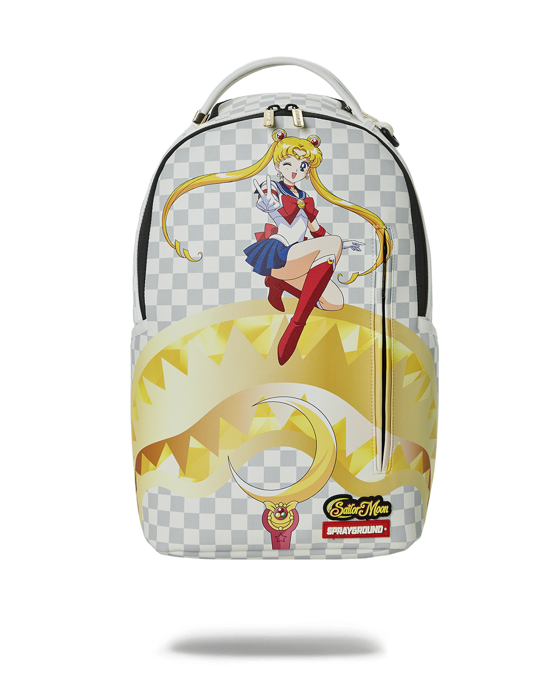 Front view of anime backpack with pink clear body and Sailor Moon wink design
