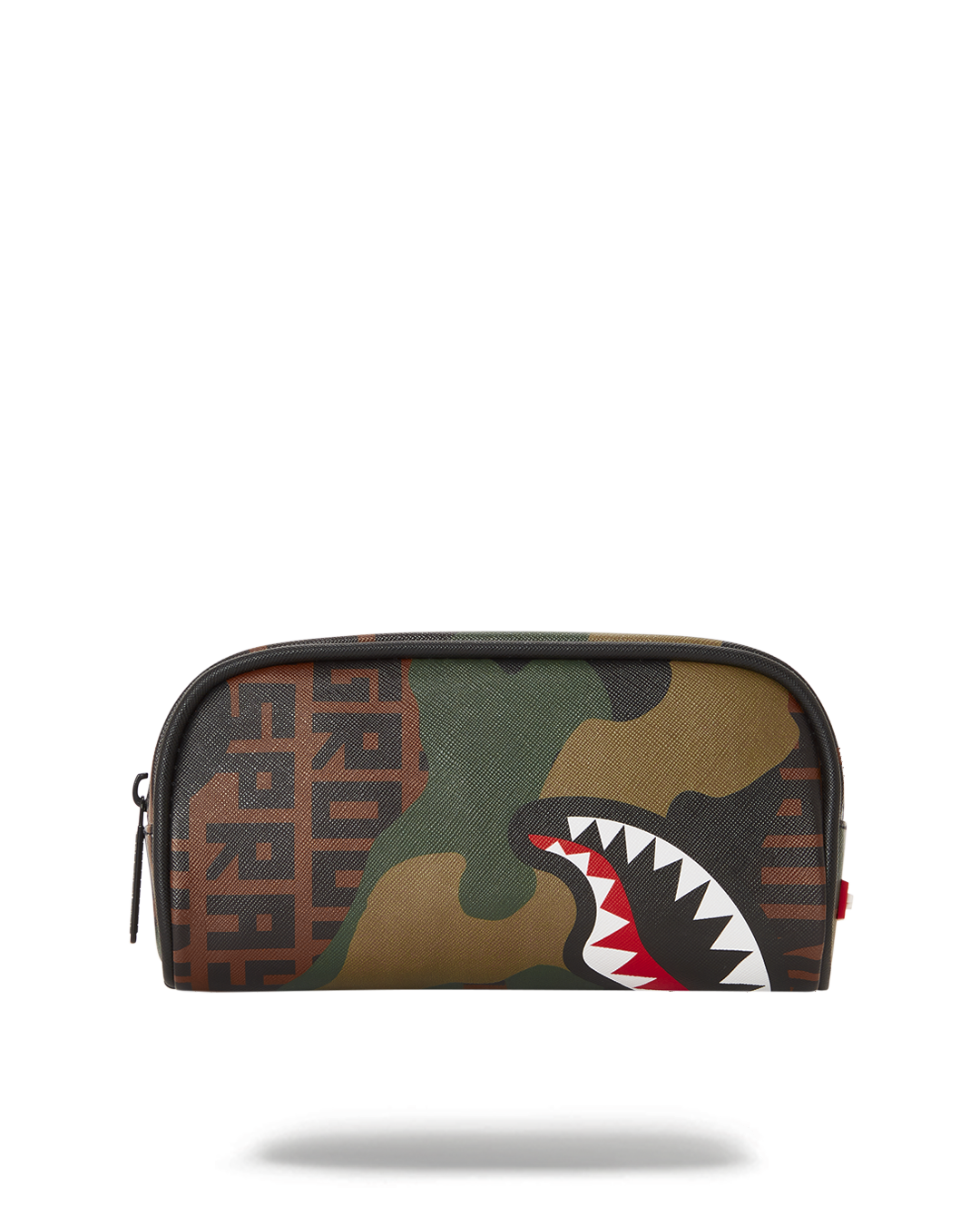 Front view of the camo makeup bag made from vegan leather, showcasing its zipper closure and compact size