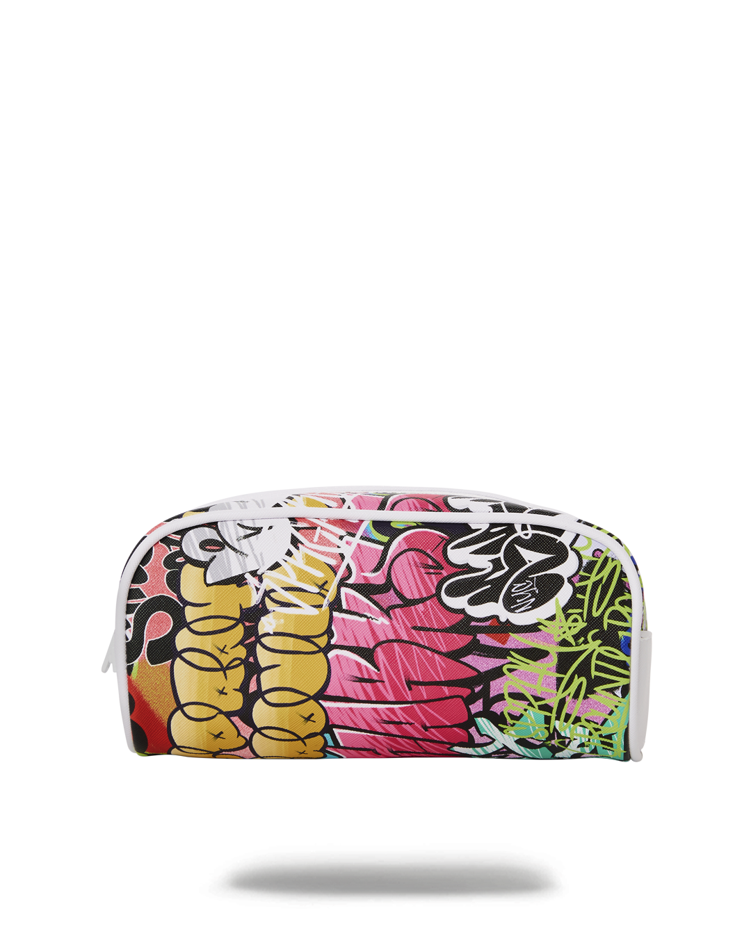 Angle view of clear zipper pouch sitting on a desk with pens inside