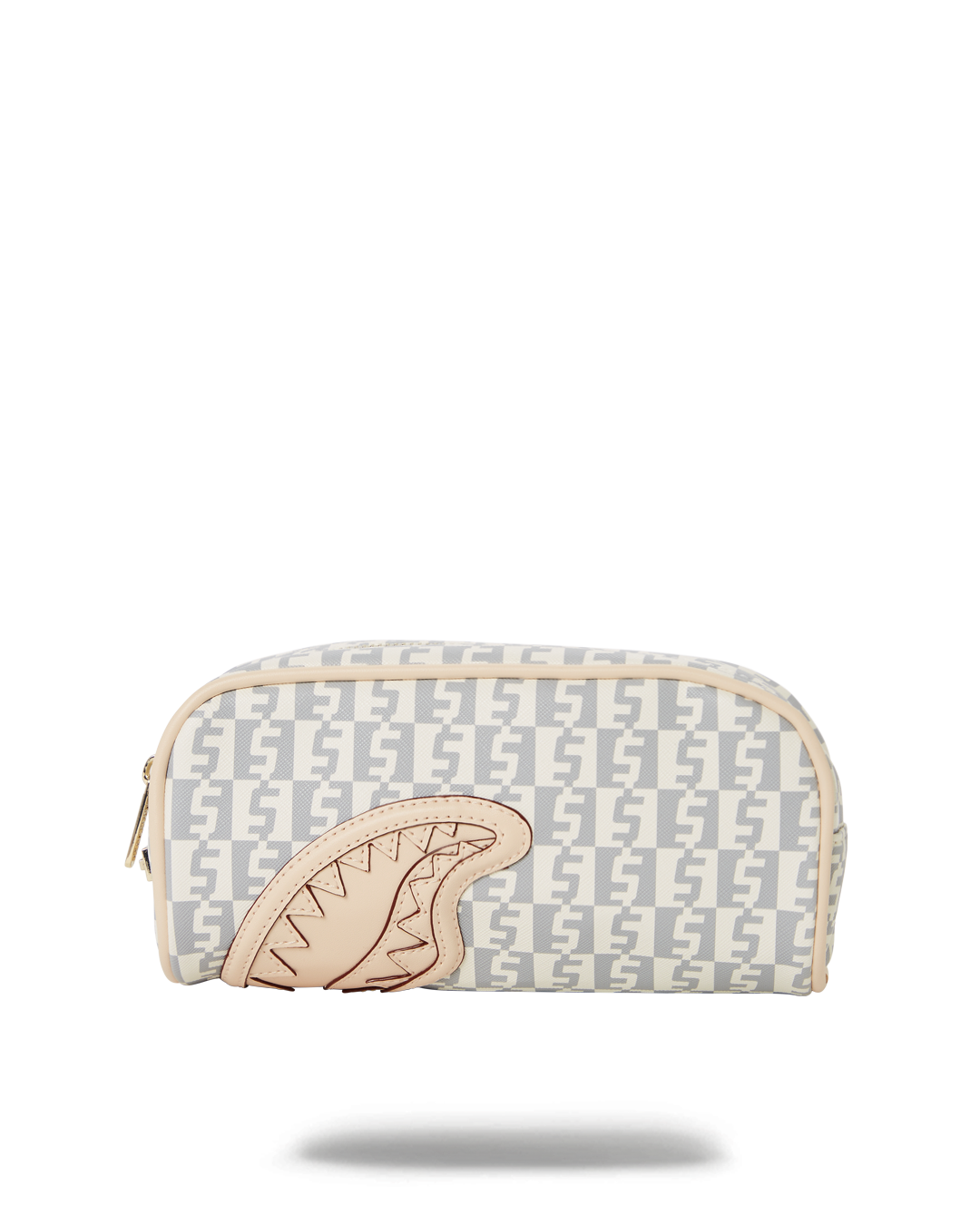 Beige PVC makeup pouch on a marble counter beside brushes and eyeliner