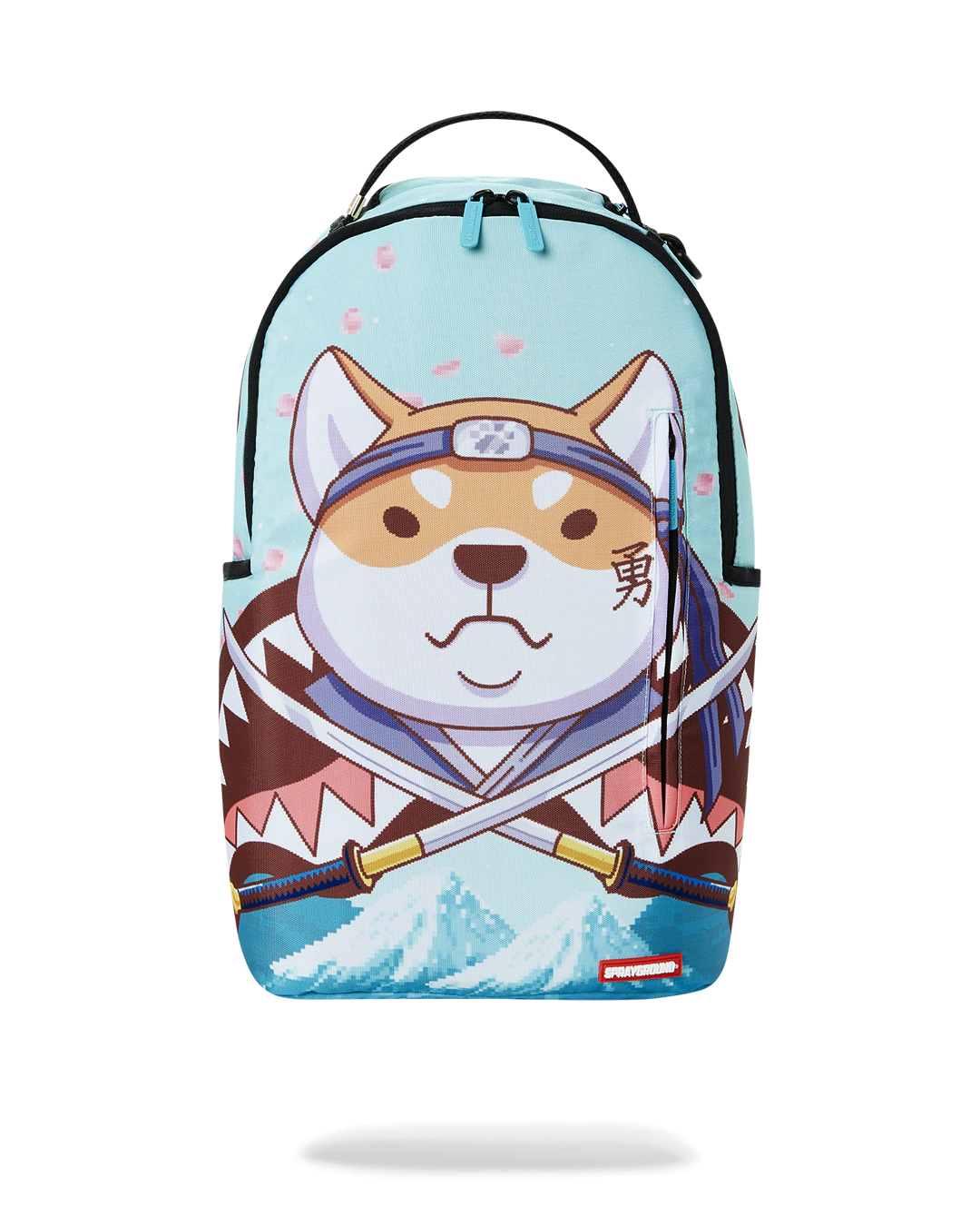 Front view of the Hero Adventure Backpack showcasing gold zippers and side pockets.