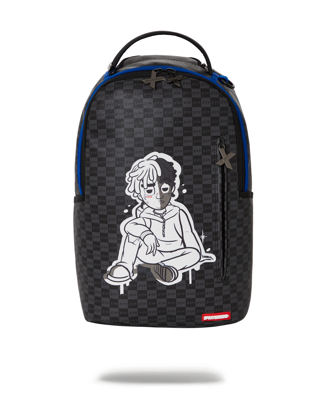 XXXTENTACION Remedy Backpack front view, showcasing Sprayground's authentic metal badge and durable faux leather.