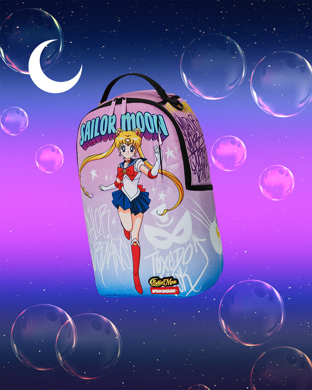 Side angle showing Sailor Moon Sprayground backpack's ergonomic straps and side pockets