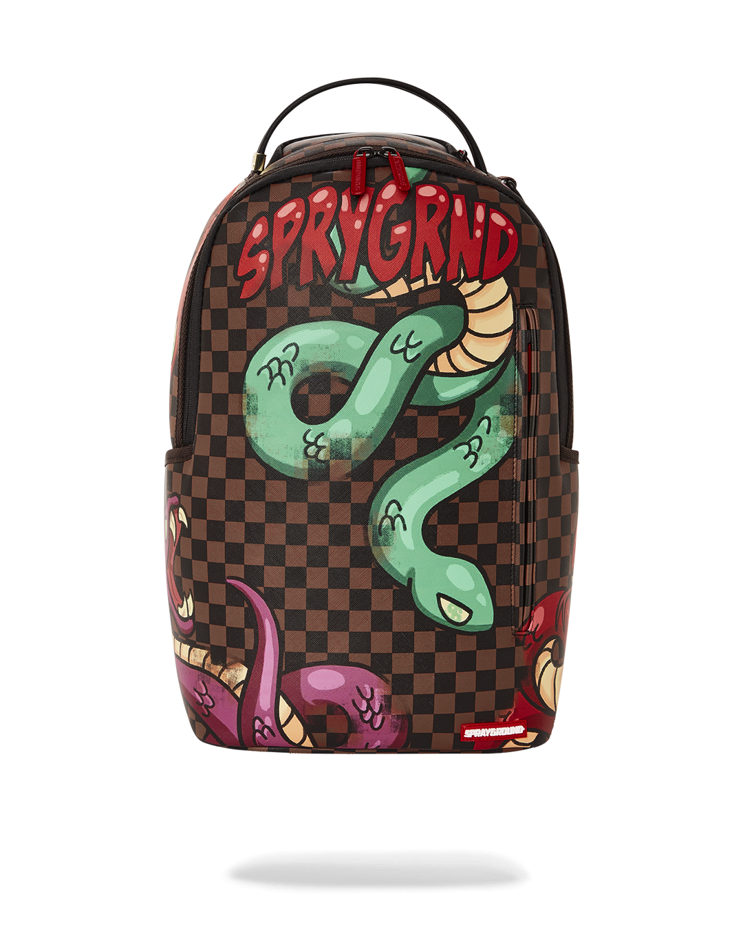 Snake print backpack in faux leather with gold zippers and metal hardware