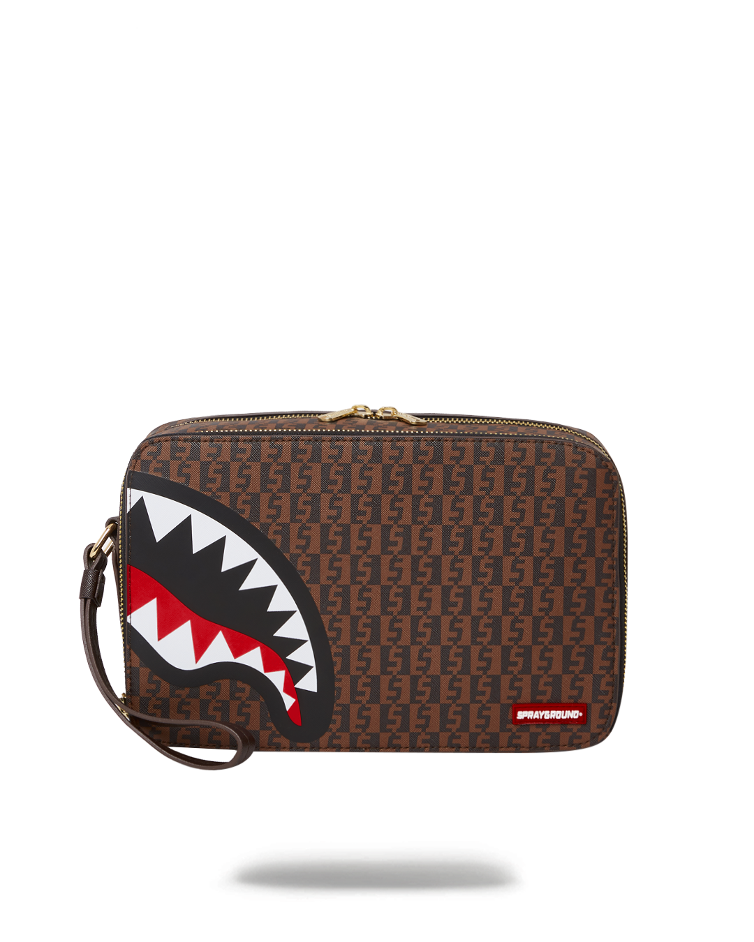 Front angle of leather dopp kit showing zip compartments and sturdy side handle