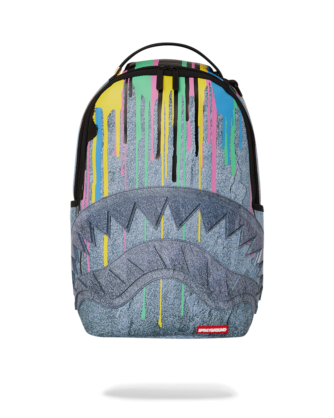 Front view of the Drippy Stone Faux Leather Backpack showcasing its gold zippers and ergonomic design.