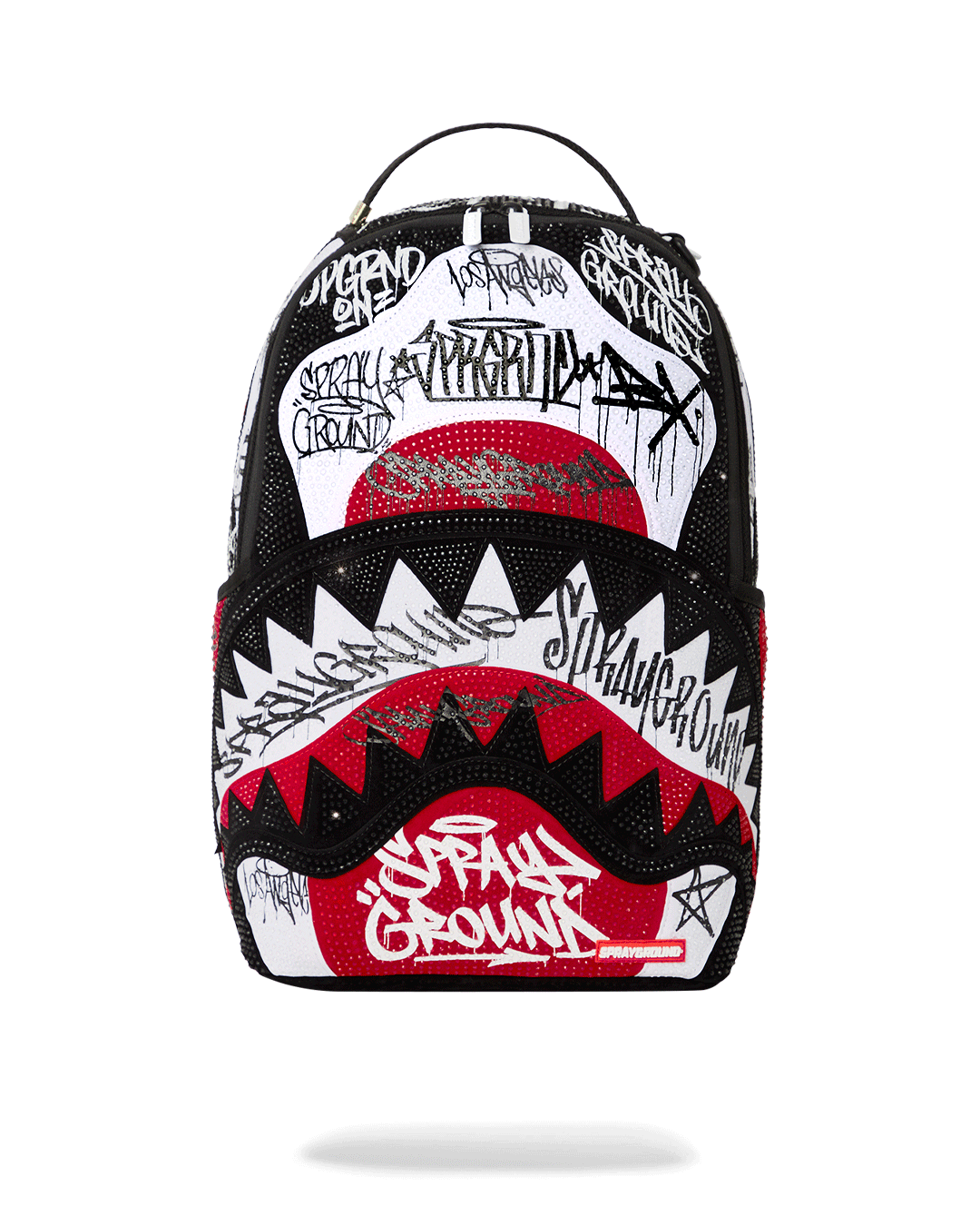 Front view of faux leather backpack with crystal embellishments and gold zippers