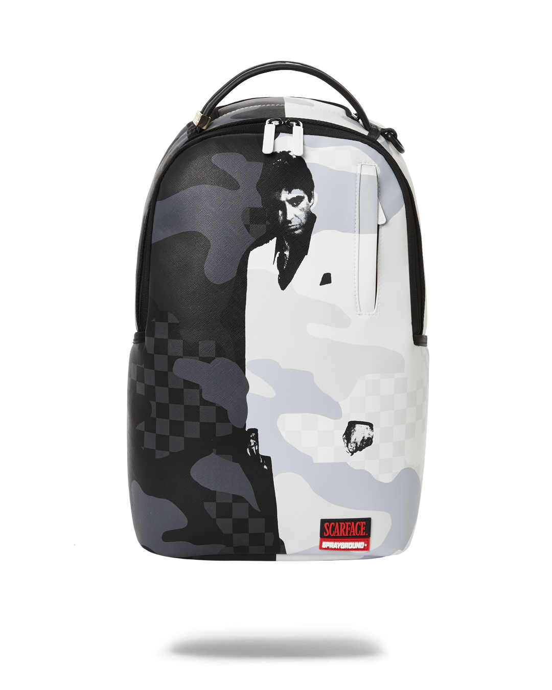 Front view of faux leather Scarface backpack showing graphic and zip pocket