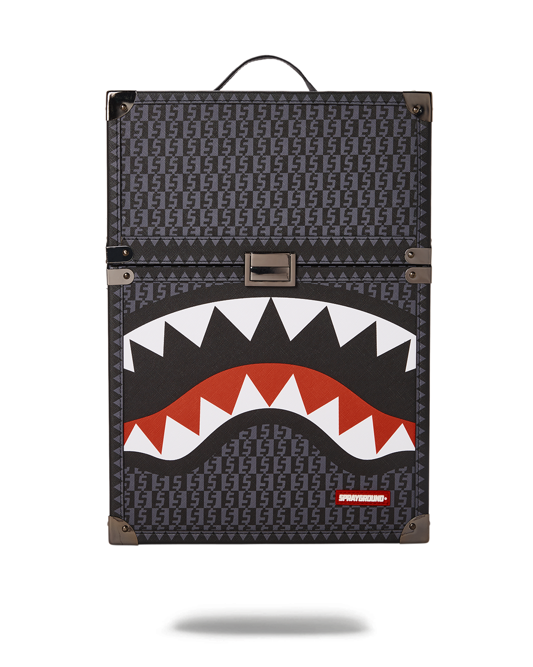 Front view of designer backpack with chess-inspired print and wood structure