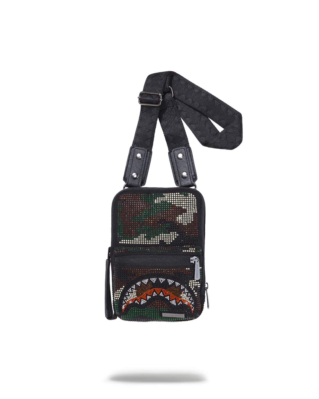 Close-up of Trinity Camo Sling shoulder bag showing water-resistant exterior and gold hardware