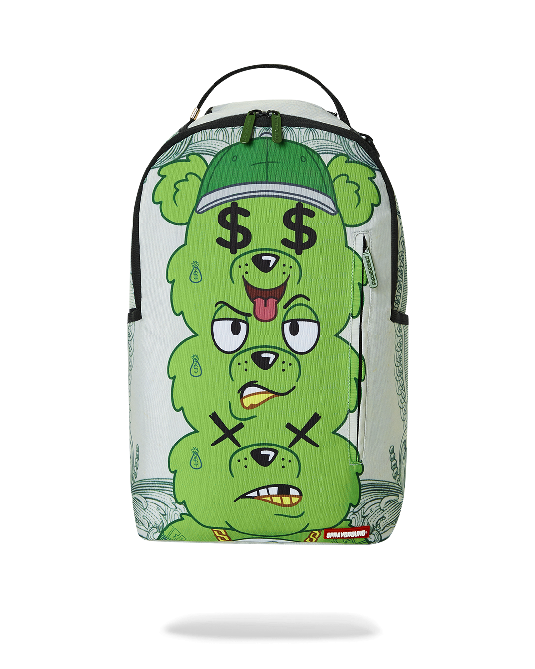 Front view of travel backpack with gold zippers and front organizer pocket