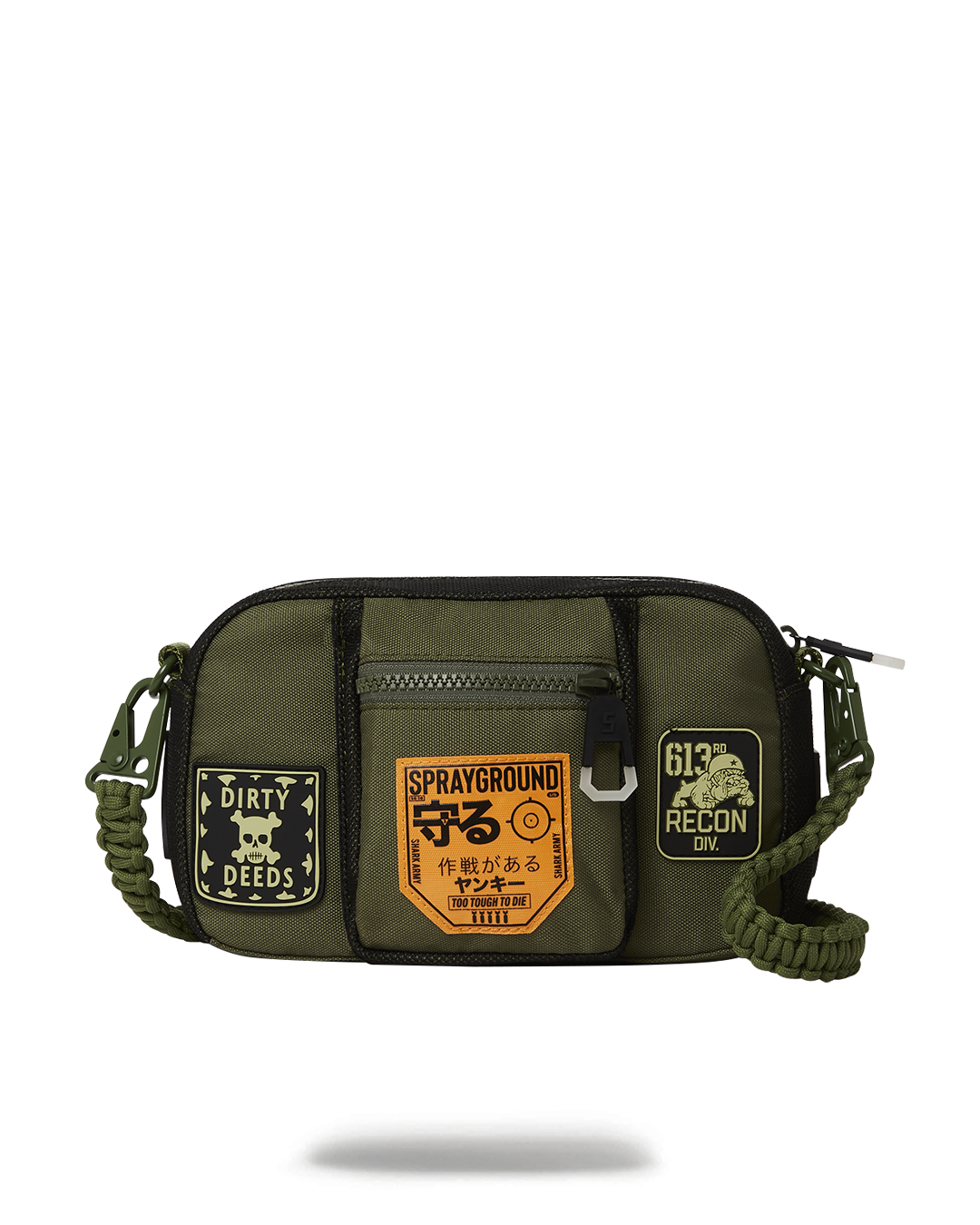 Side angle view of black tactical sling bag showing adjustable strap