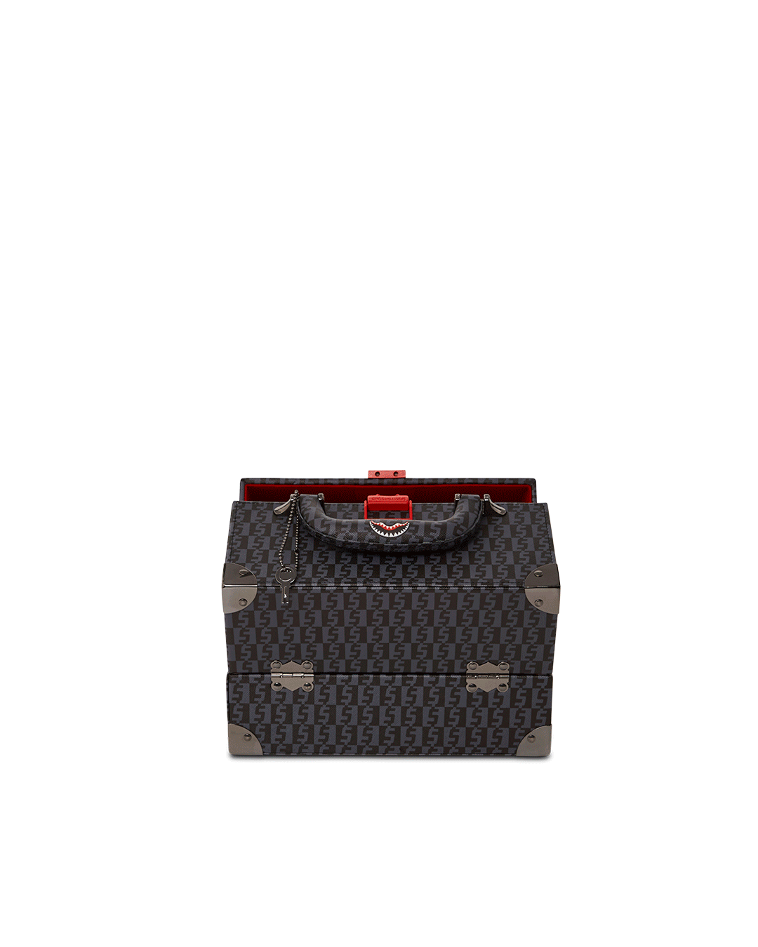 Spraygatti Revv men's jewelry case open, showing red velour lining and shelving