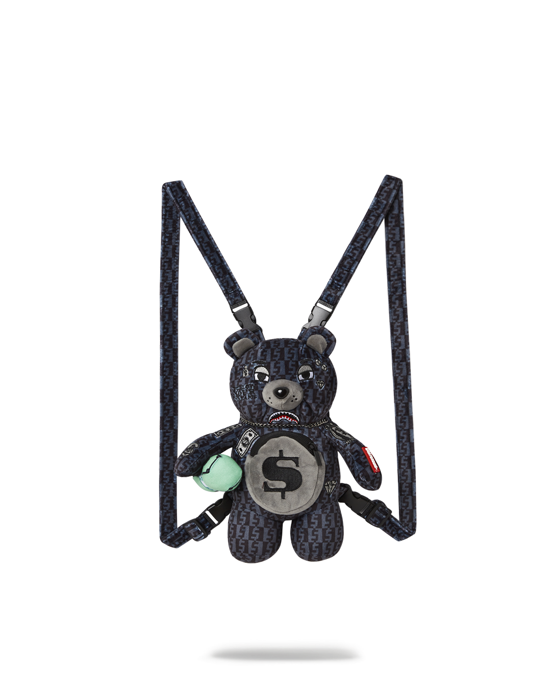 Front view of teddy bear mini backpack with gold necklace detail