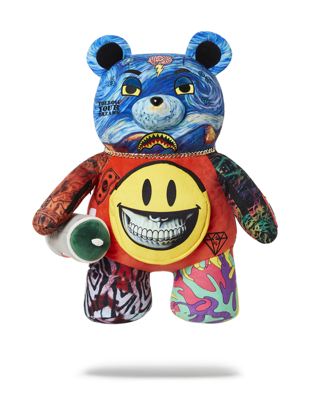 Front view of Sprayground teddy bear backpack with gold chain detail