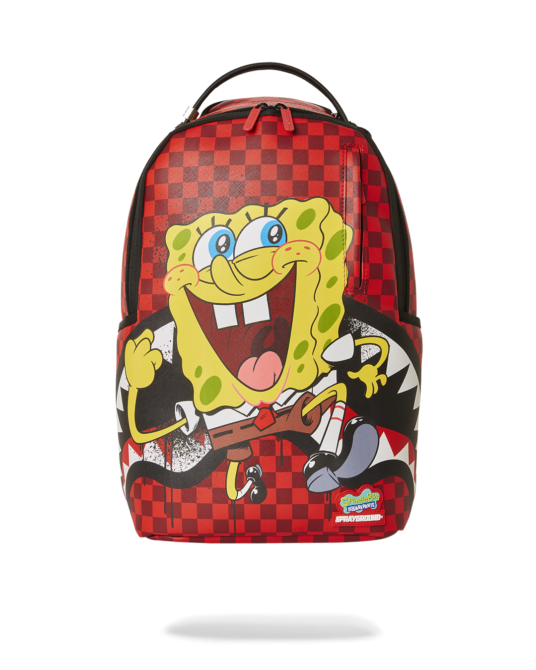Front view of SpongeBob Sprayground backpack showing zippered pockets and graphics