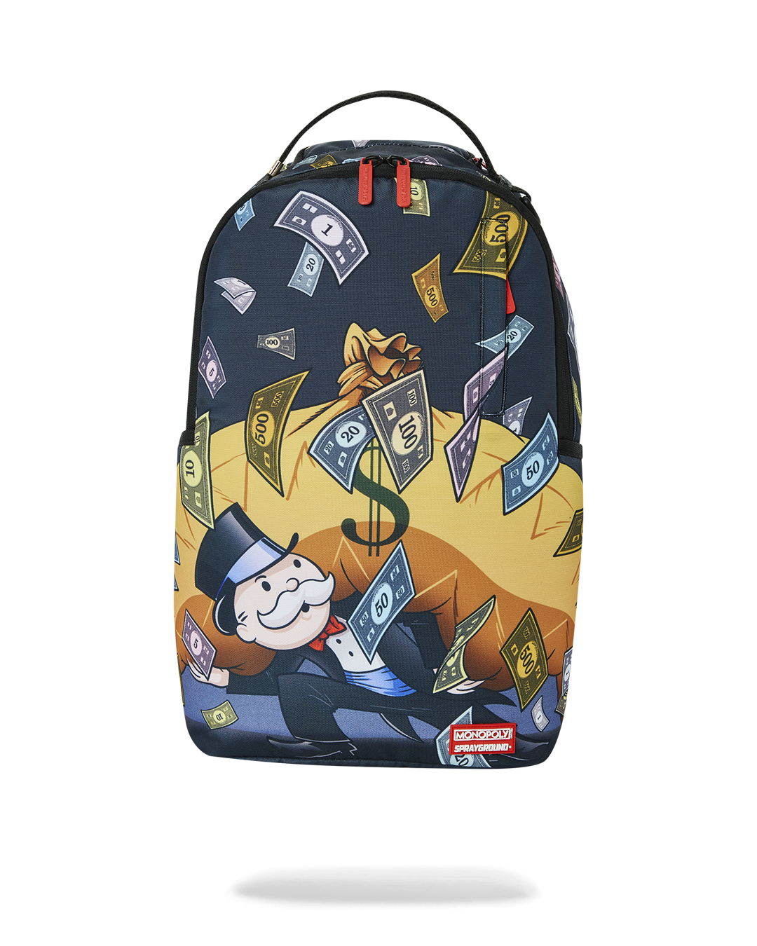 Front view of the Sprayground Limited Edition Monopoly backpack showcasing its sleek design.