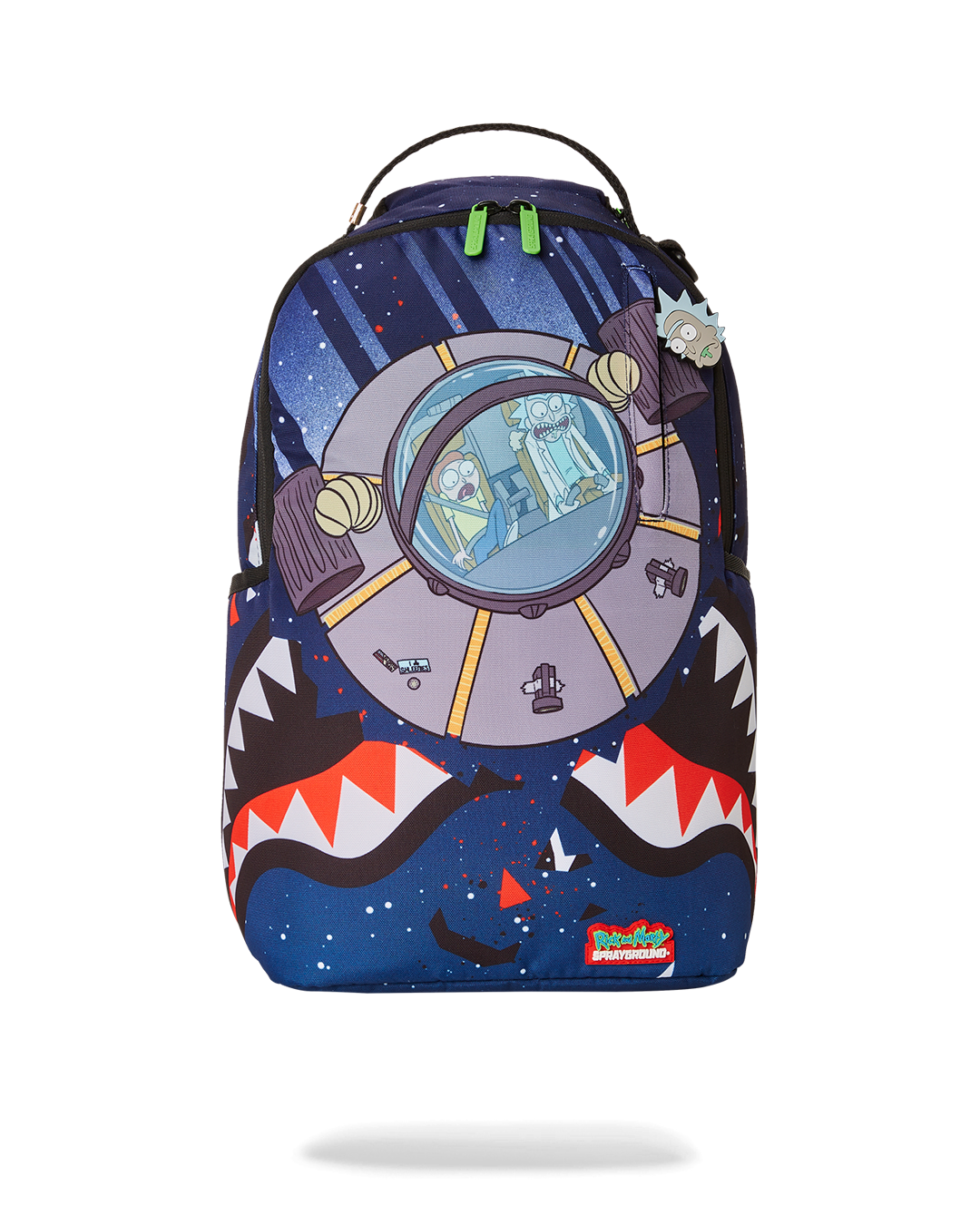 Front view of Rick and Morty backpack with gold zipper detail — best for city commuters.