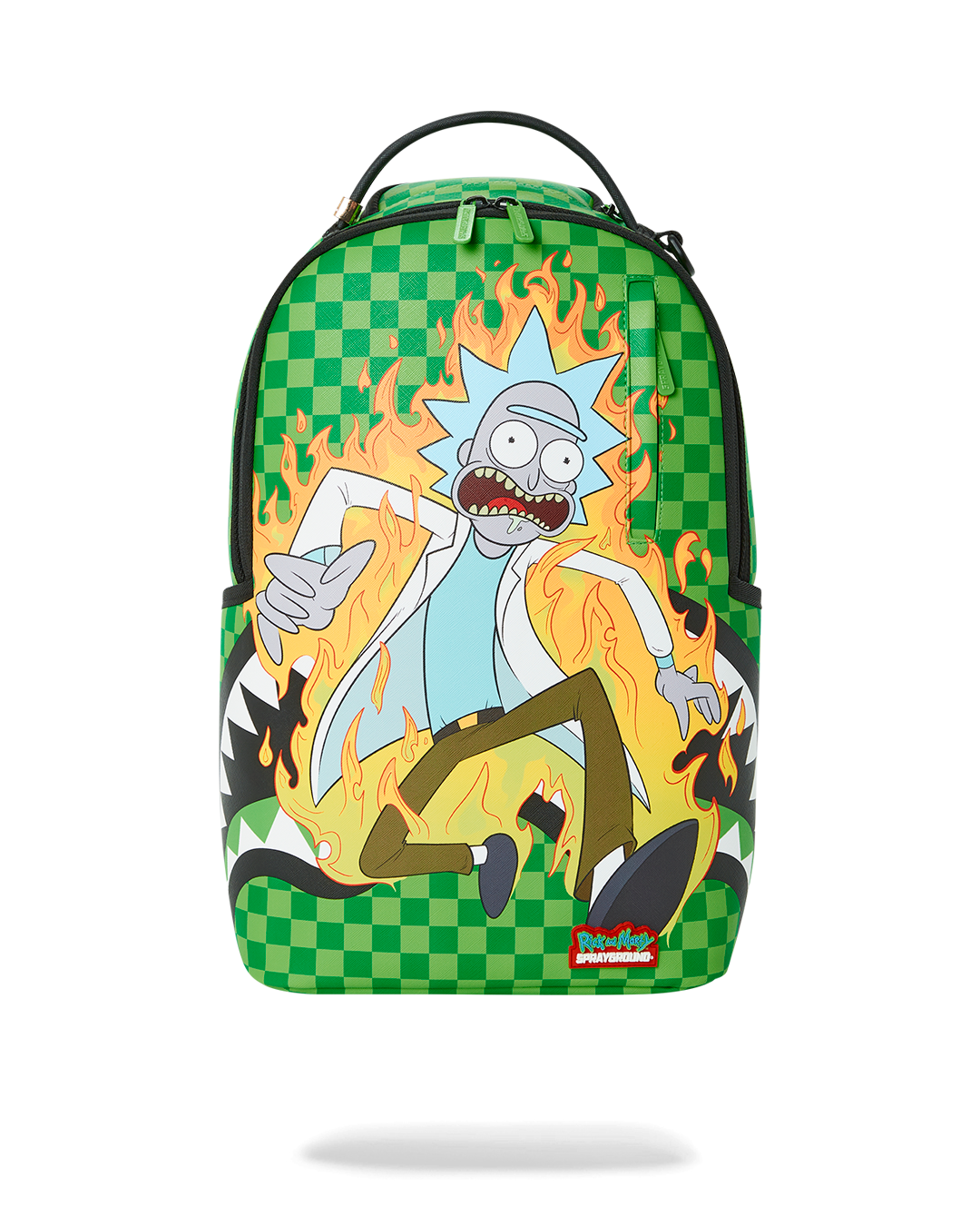 Front view of the Rick & Morty backpack with zippered pockets