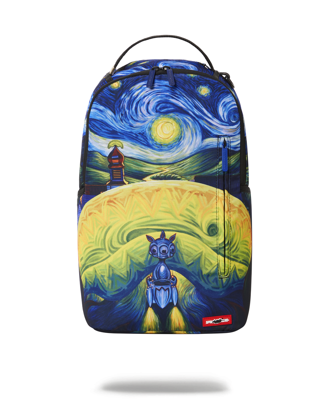 Trippy Nights backpack unzipped, showcasing interior compartments and laptop sleeve