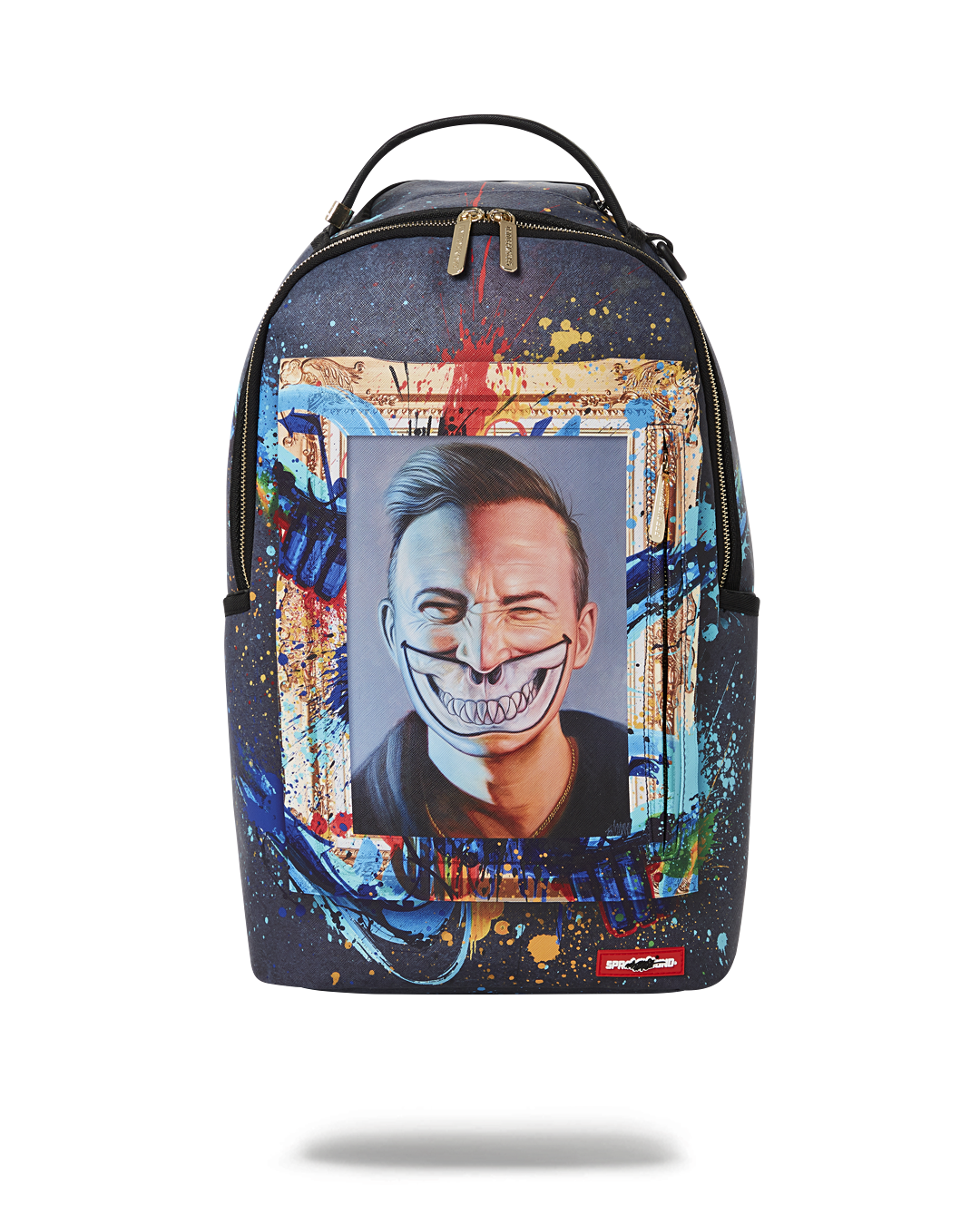 Front view of Ron English DBD Grin Shark Backpack showcasing artistic design.