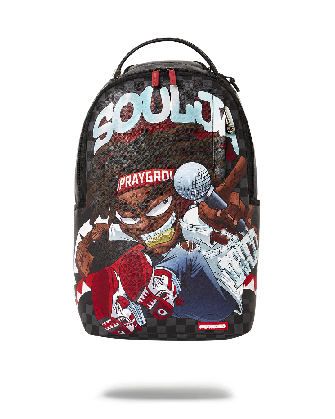 Front view of Soulja Boy streetwear bag with zippers and pockets.