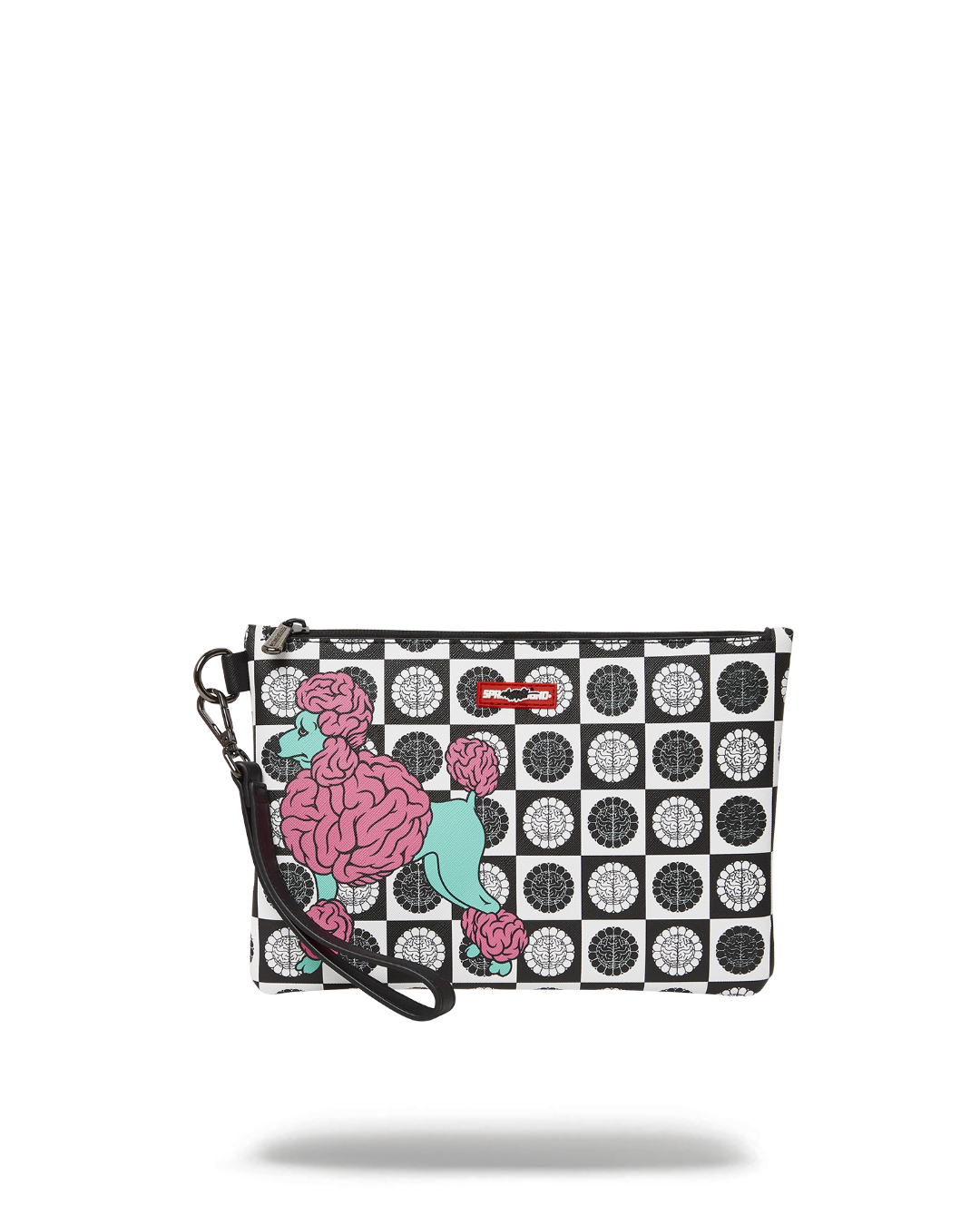 Front view of the designer clutch showing handle and zip detail