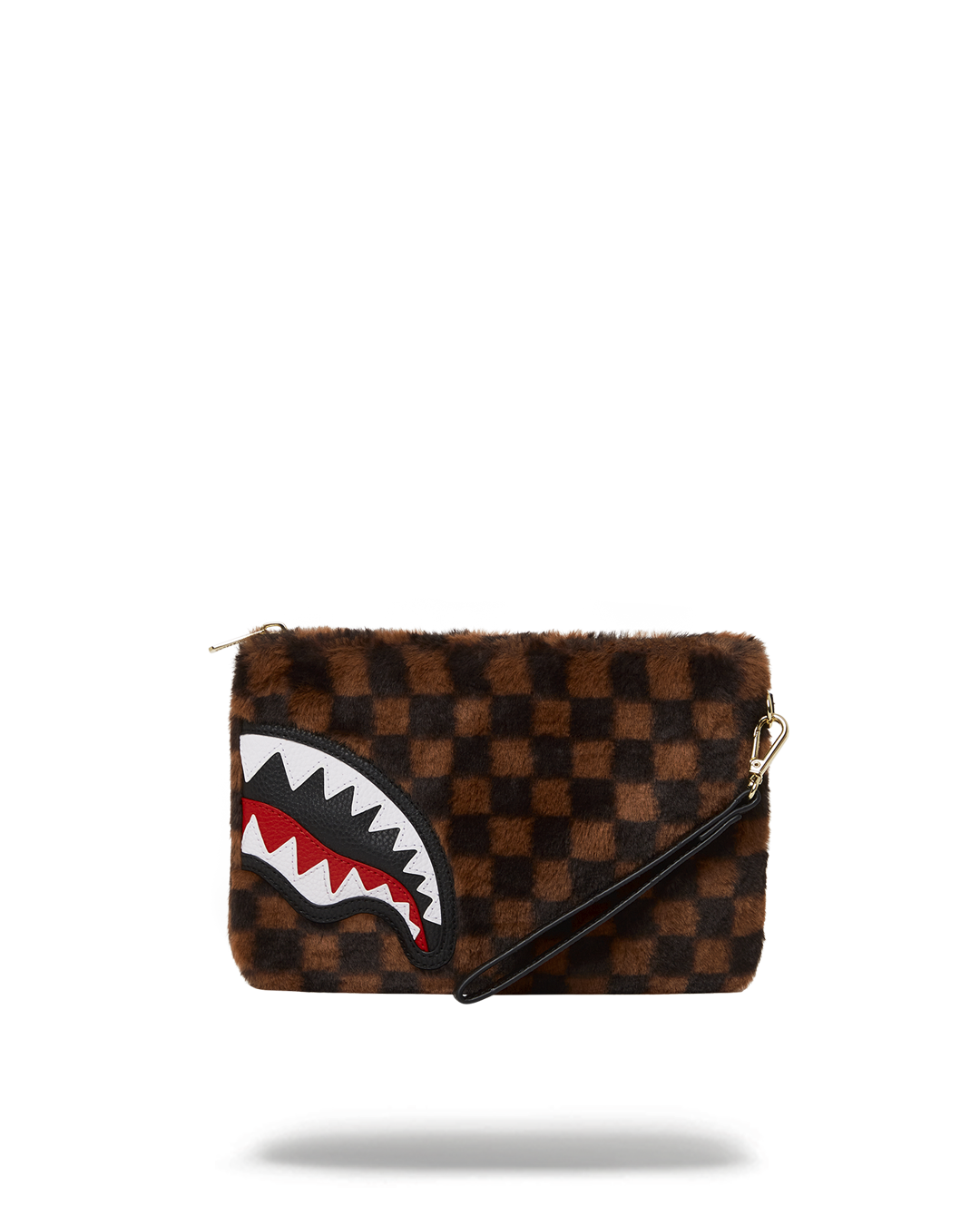Close-up of faux fur texture on convertible clutch, held as a crossbody