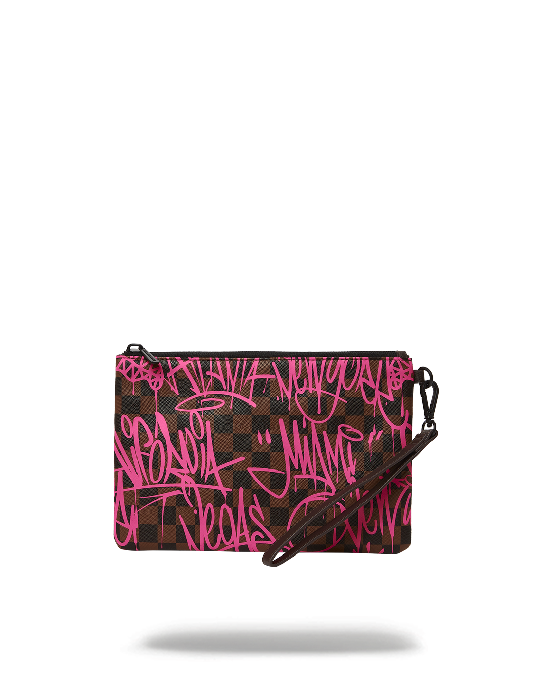 Faux leather clutch with zip closure and handle on front panel, stylish evening accessory