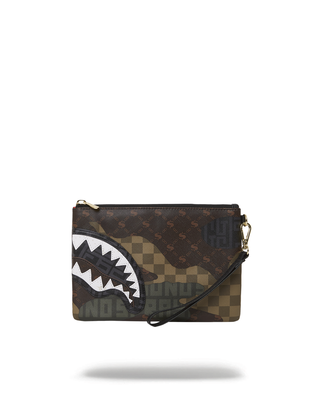 Front view of the sleek faux leather clutch bag with wristlet strap.