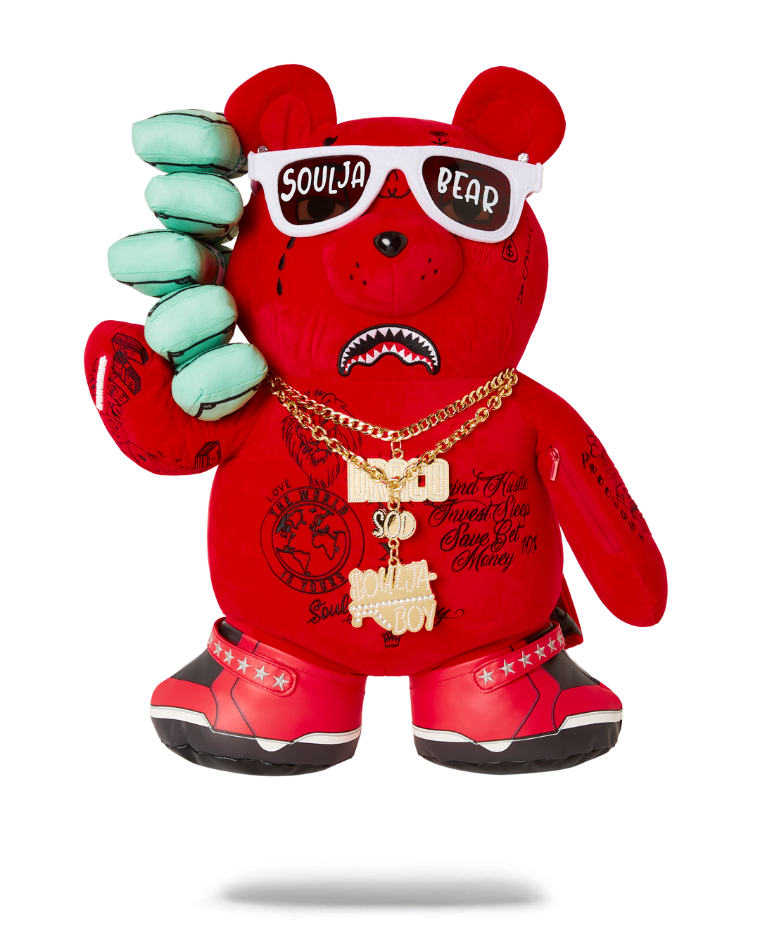 Front view of teddy bear backpack showing faux gold chain and zipper detail