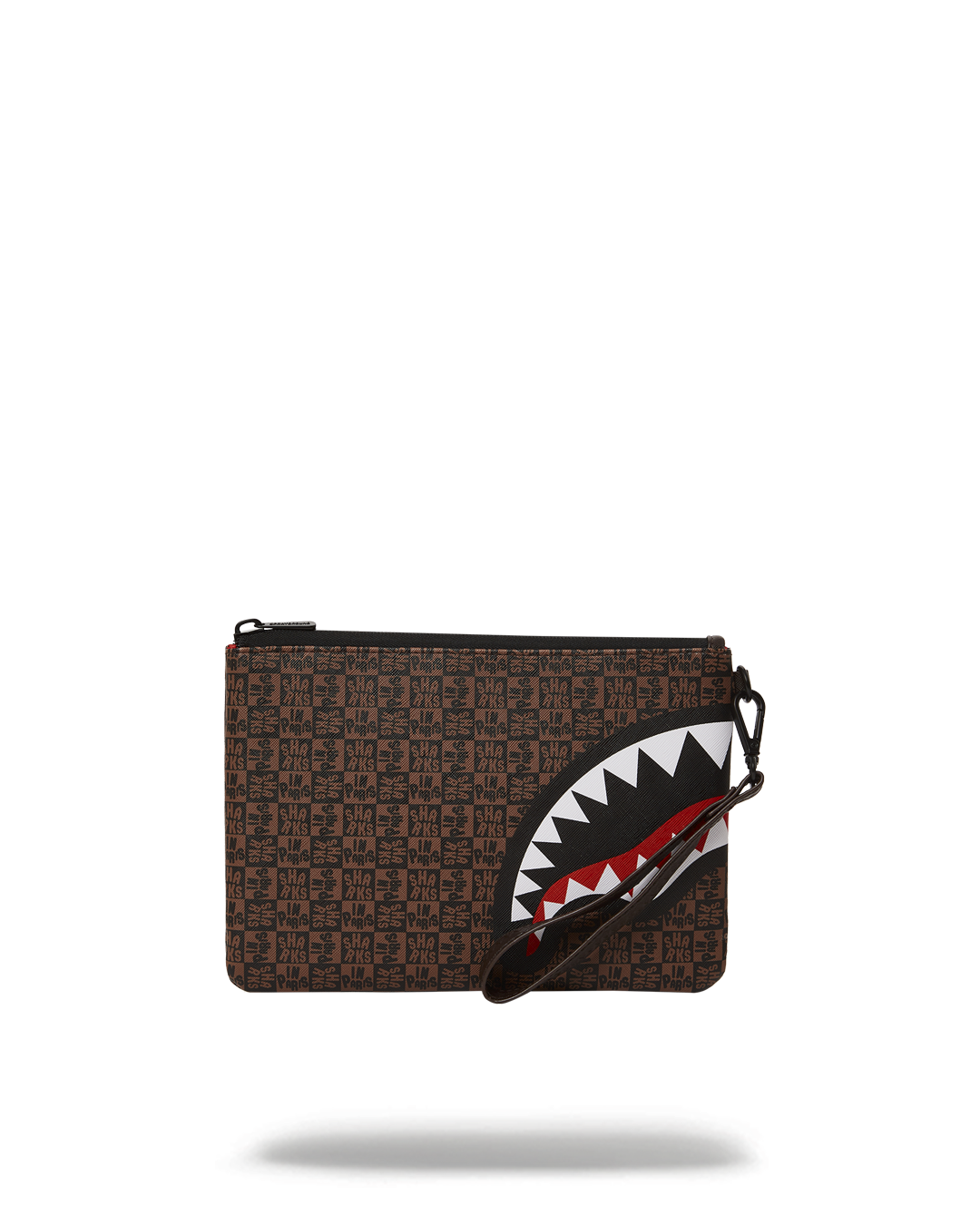 Elegant black faux leather clutch purse with wristlet strap.